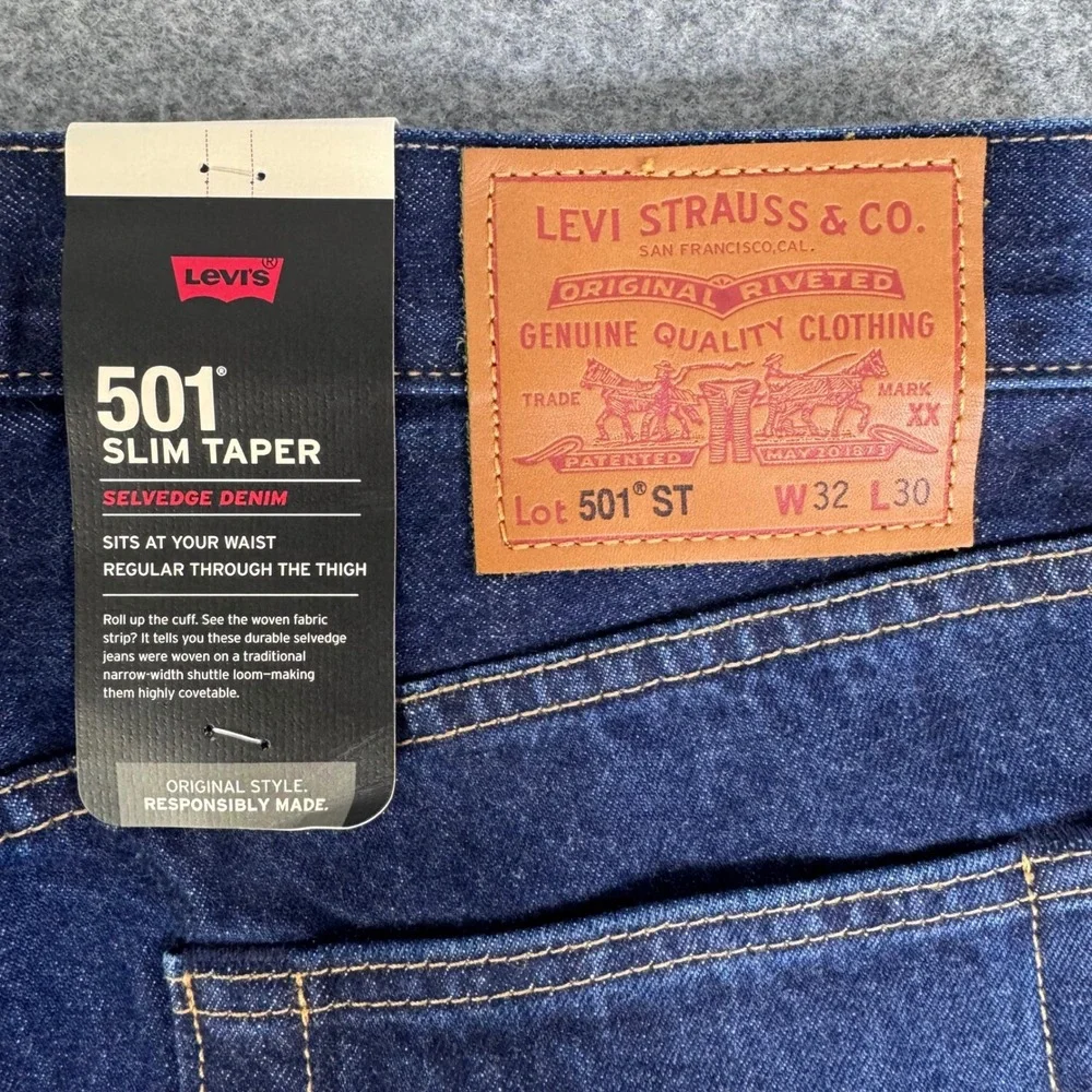 Levis 501 Slim Taper Selvedge Denim Jeans Mens 32x30 Dark Wash Indigo 501ST NEW